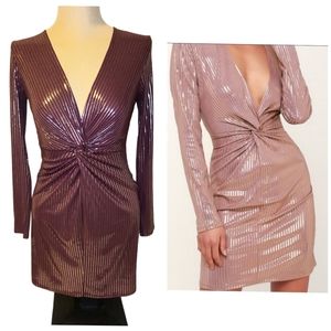Lulus Long Sleeve Cocktail Party Dress Metallic Gold Plum